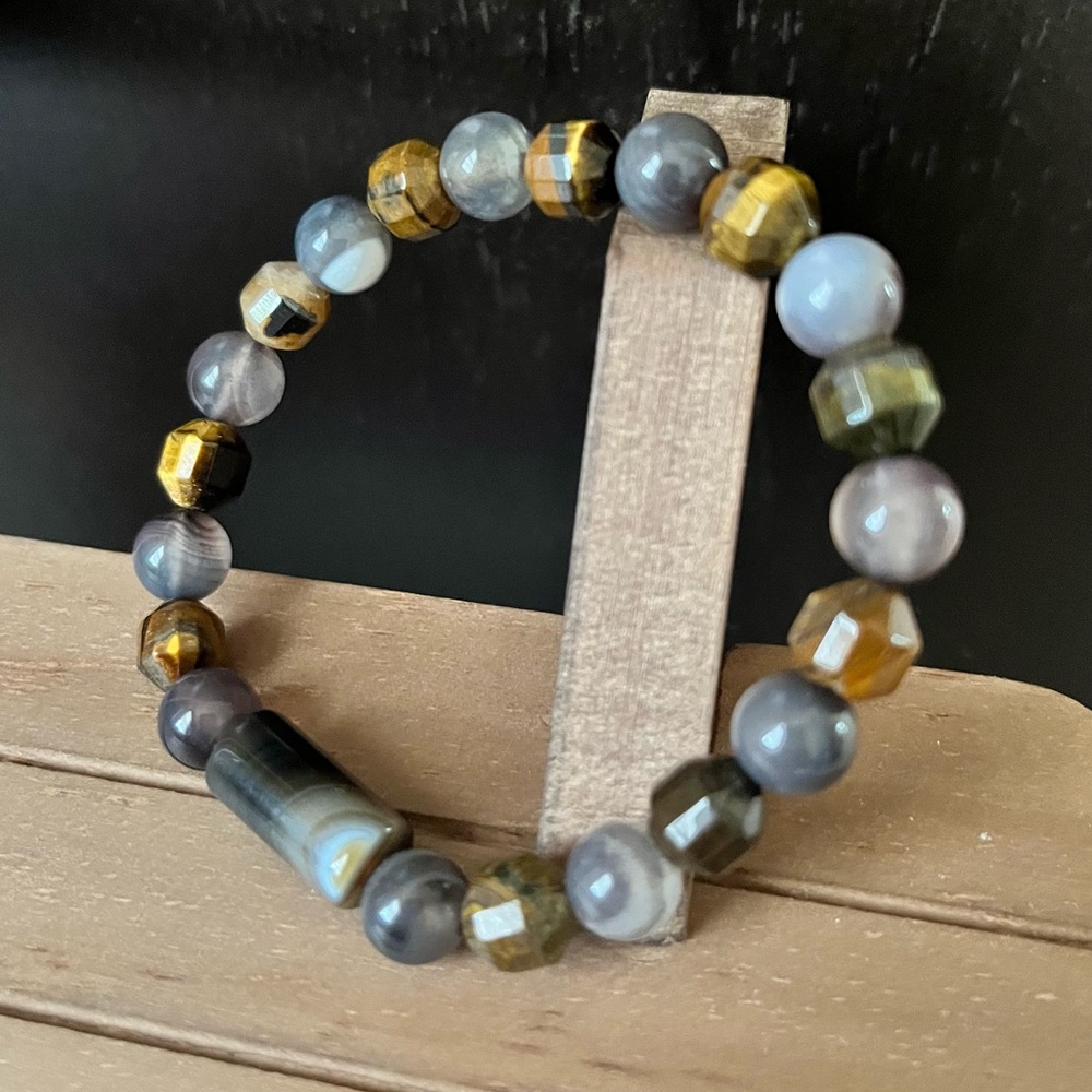 Botswana Agate & Tiger’s Eye Natural Stone Crystal 8mm Beaded Stretch Bracelet#1
